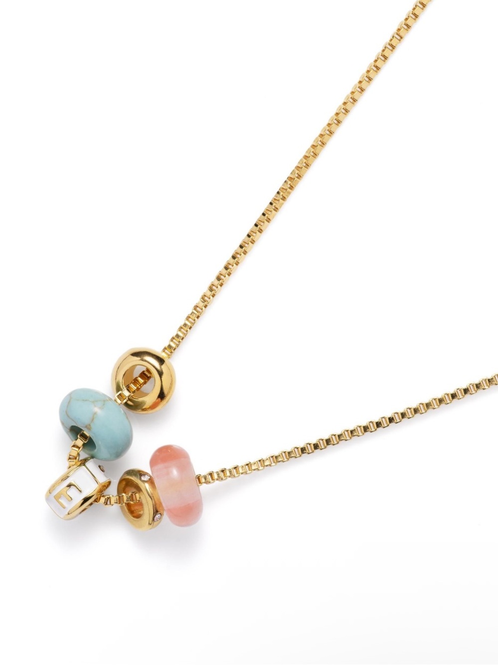 ‘E’ Gold Chain Necklace with Turquoise and Pink Bead Accents